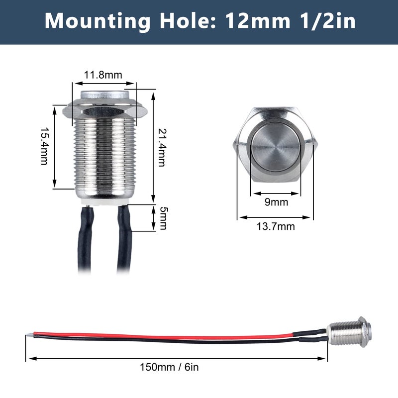 DMWD 2-Pack 12mm Latching Metal Waterproof Push Button Switch Raised Head 1/2" Mounting Hole with Pre-soldered Cable250V 2A 1NO - Image 3